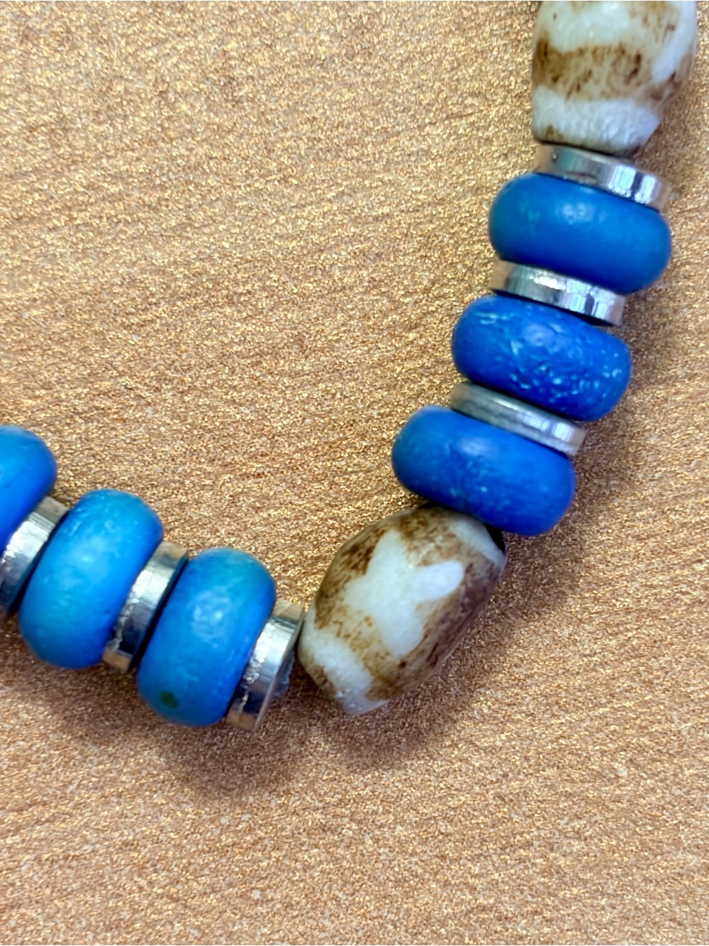 Boho Cobalt Blue & Krobo Glass Batik Bone Cream Beaded Necklace